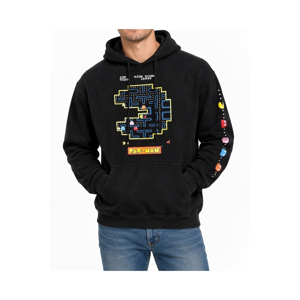 Pac-Man Arcade Game Graphic Hoodie Mens Medium Black Retro Gaming Sweatshirt‎
